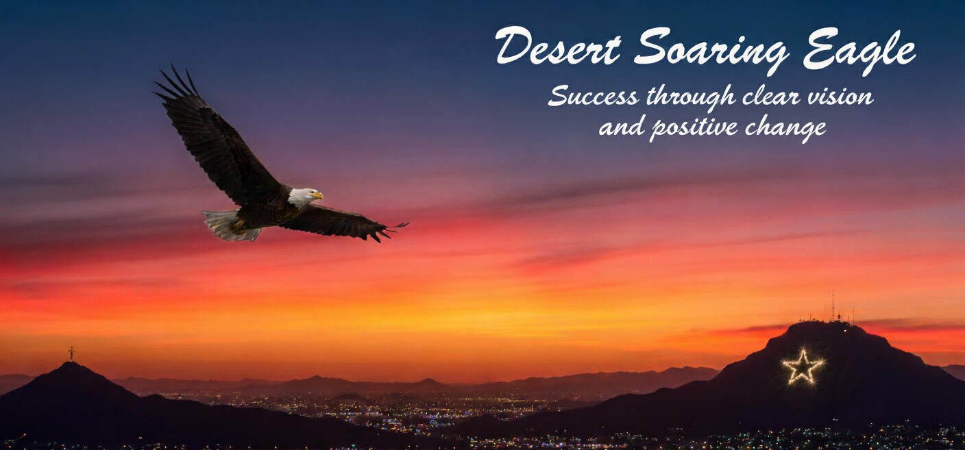 Eagle flying over valley between Mount Cristo Rey and Franklin Mountain with star on mountain